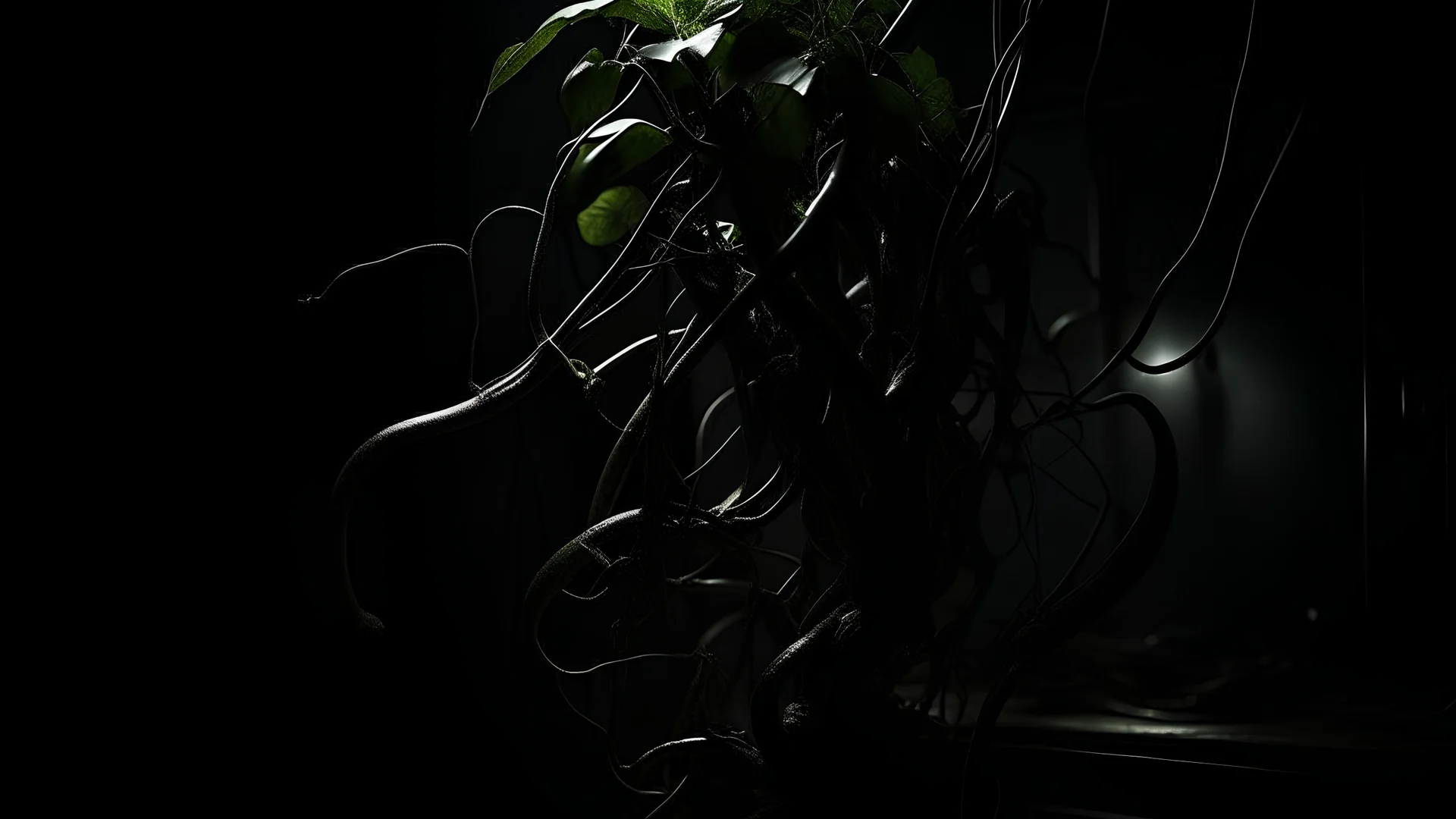 Lurking shadows under dim lights in the dark corner of the laboratory, the presence of a flesh-eating plant evokes indescribable horror. The plant stands out in the dark with its deep black color, and its glossy leaves seem to reflect a dim light from an unknown source. Fleshy twisted branches are clearly manifested, as they grow abnormally and stretch in strange directions. The plant is surrounded by a dark-colored flower, which looks like an open mouth, reflecting a smooth and striking, myste