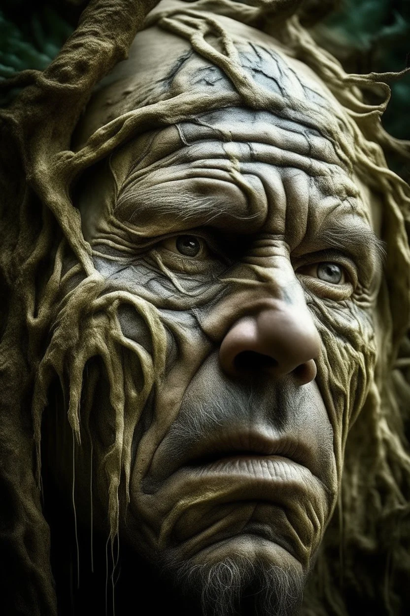 surrealis monochrome A fragmented, surreal sculpture liguid color of photorealistic image 3d,psychedelic art of an old man face glossy emerging from dreamlike a crumbling building. The face appears pale with deep cracks and intricate details, evoking a haunting expression. Blackened tree branches intertwine with the gold mengkilat cracks, set against a backdrop of stormy, cloud-filled skies. bauhaus art The overall tone is dark and moody, suggesting themes of decay and transformation. Include