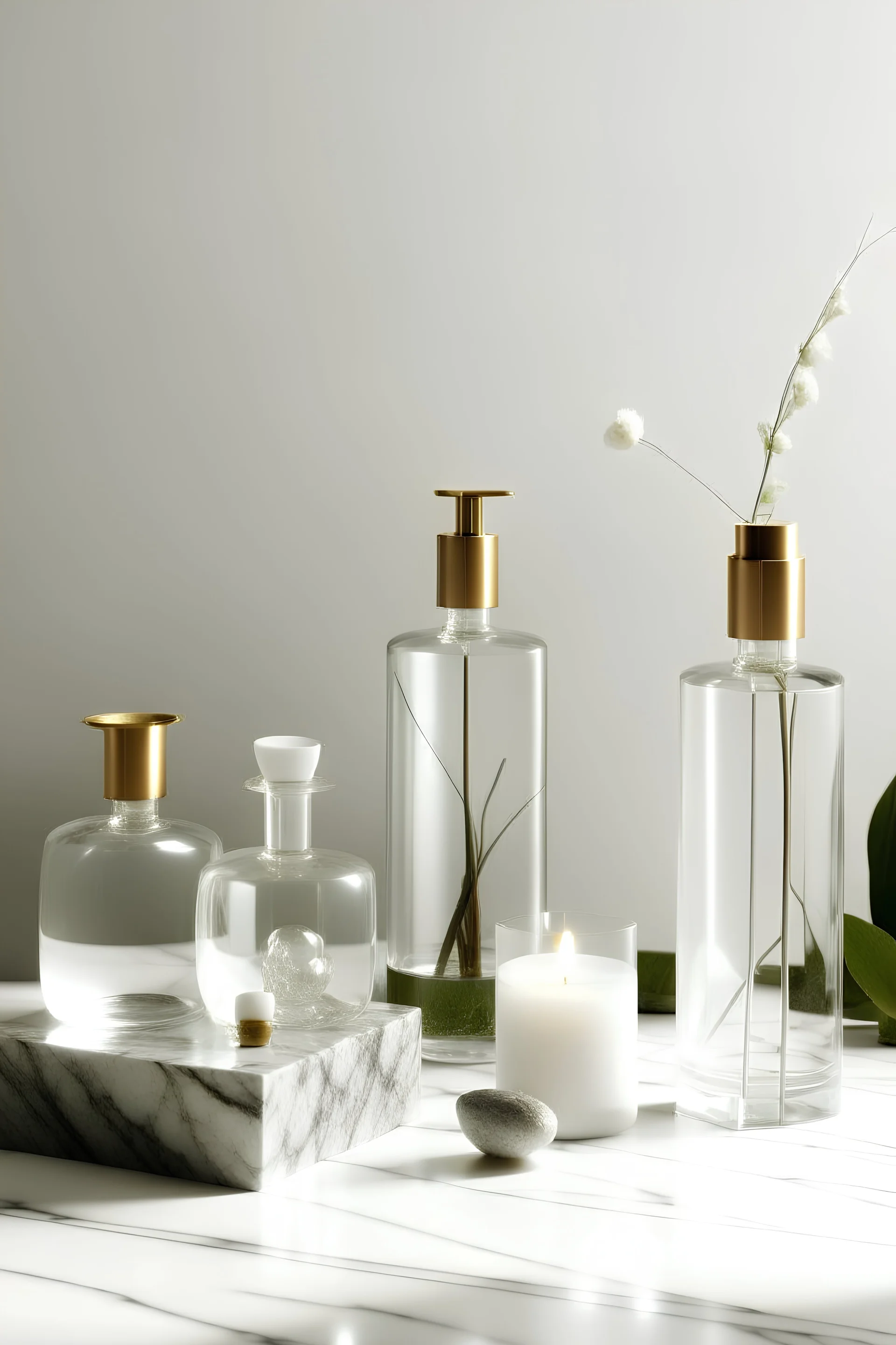 Visualize an elegant, minimalist scene where classic meets contemporary. Picture vintage glass apothecary jars alongside sleek, modern skincare packaging, arranged artfully on a marble countertop or against a backdrop of soft, diffused lighting. Include elements evoking purity and timelessness, like a blossoming flower or a crystal-clear stream.