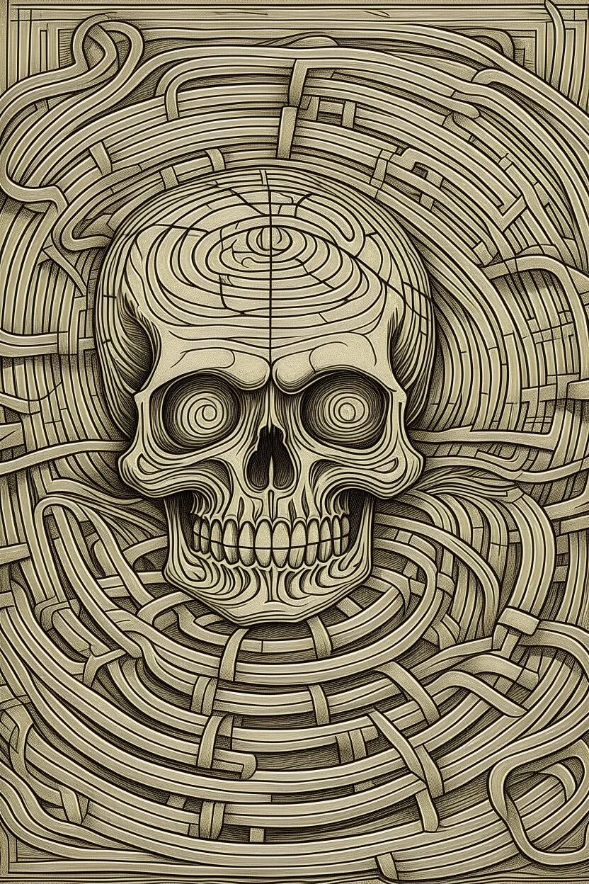 A labyrinth drawing the lines of a skull