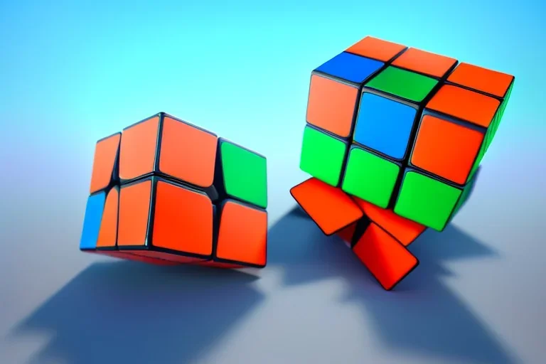 A single, tall Rubik cube vehicle, Orange, white, blue, green