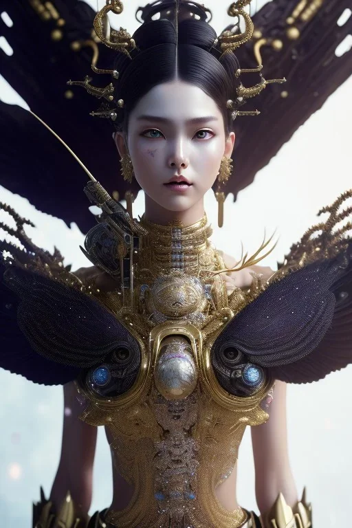 Detailed cosmic horror creature with wings, hair buns, bangs,bodysuit, intricate details, full body portrait, keep head in frame, slight smile, black Japanese motif, concept art, highly detailed, digital painting, concept art, sharp focus, illustration, art by Yoji Shinkawa, WLOP and greg rutkowski and alphonse mucha and artgerm and yanjun Chen and Junji ito and Makoto Shinkai, HDR, octane render, dark background