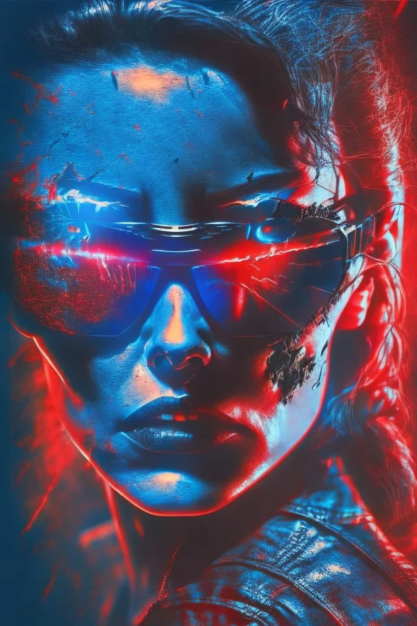 Photo of a half broken female Terminator, with dark sun glasses, bright red eye, Hollywood movie poster style, atmospheric blue light night time, high contrast dark moody lighting.