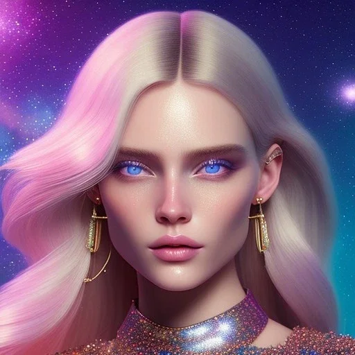 white woman long blond hair blue eyes glitter in a galactic ambiance, delicate colors in the foreground, full of details, smooth, light effect，vaporwave colorful, smooth, extremely sharp detail, finely tuned detail, ultra high definition, 8 k, unreal engine 5, ultra sharp focus