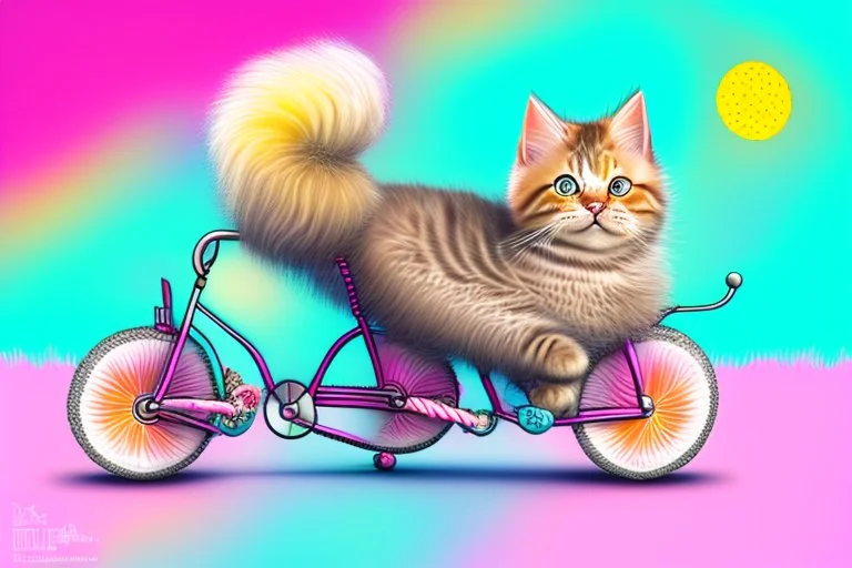 Fluffy tabby cat, adorable kitten, miniature bicycle, whimsical scene, playful concept, vibrant colors, detailed fur texture, charming expression, dynamic composition, cartoonish style, digital art, creative and imaginative, bright and lively palette, joyful atmosphere, skillful rendering, high resolution, skillful lighting to enhance cuteness.