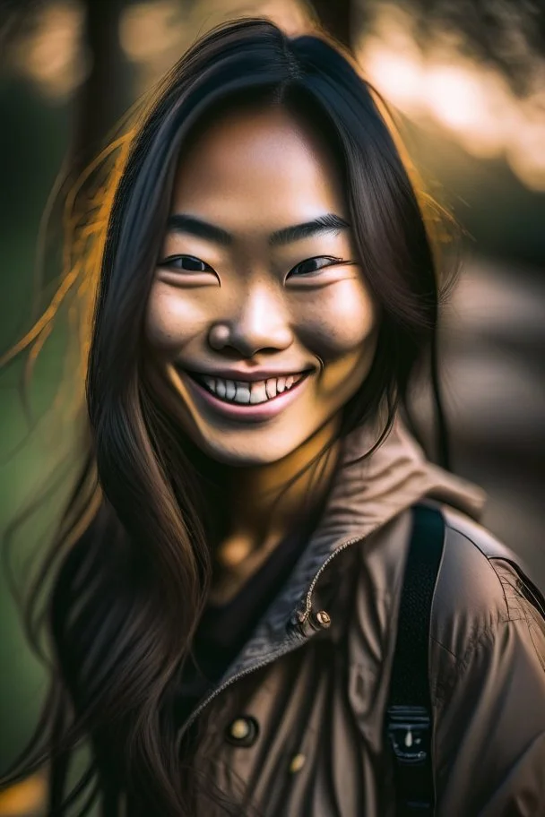 portrait of an asian girl smiling, outdoors, dslr camera, cinematic photography, epic angle, dark colour tone, hyper-realistic