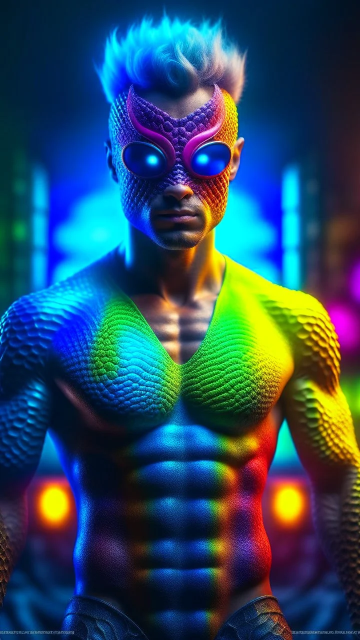 Full body ultra realistic photo of superhero man with stylized dragon mask over his eyes and forehead cosmic energy, colorful, painting burst, beautiful symmetrical face, nonchalant kind look, realistic round eyes, tone mapped, intricate, elegant, highly detailed, digital painting, artstation, concept art, smooth, sharp focus, illustration, dreamy magical atmosphere, full body