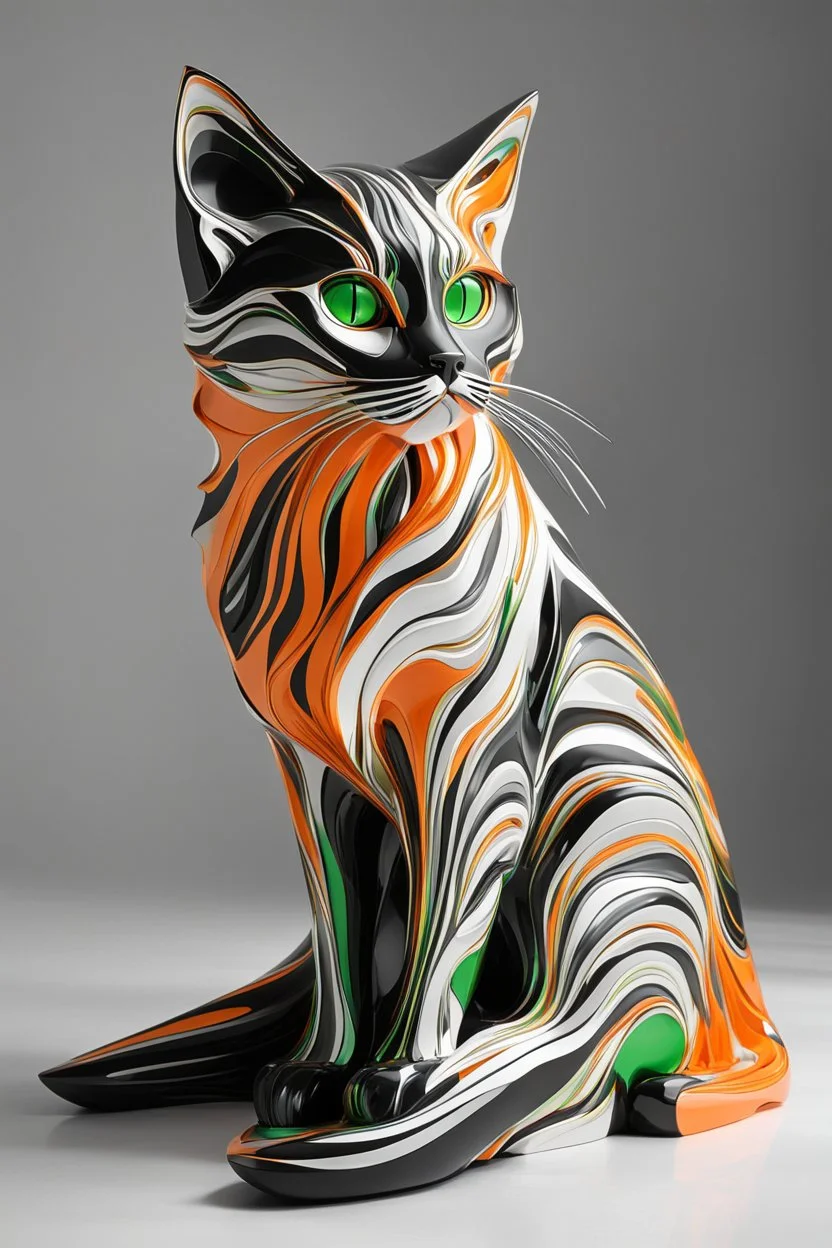 Pop art sculpture of a beautiful cat with long, wavy, thick hair, pointed ears, bright green eyes, Zaha Hadid style, orange, black and white colors, ultra quality, (((full body))), sitting on the floor