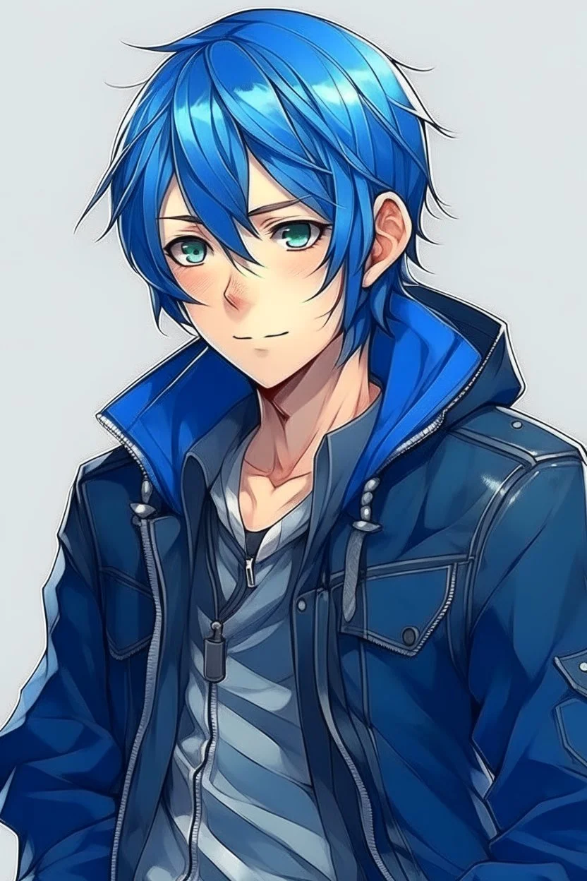 blue haired anime boy in a leather jacket