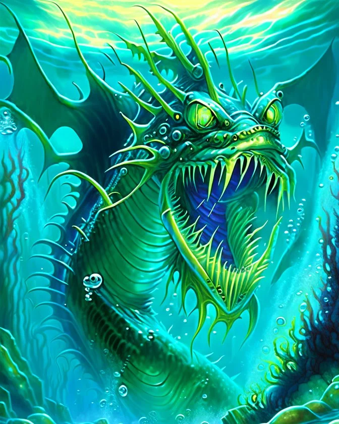 90's TCG retro fantasy art of a sea monster under the water