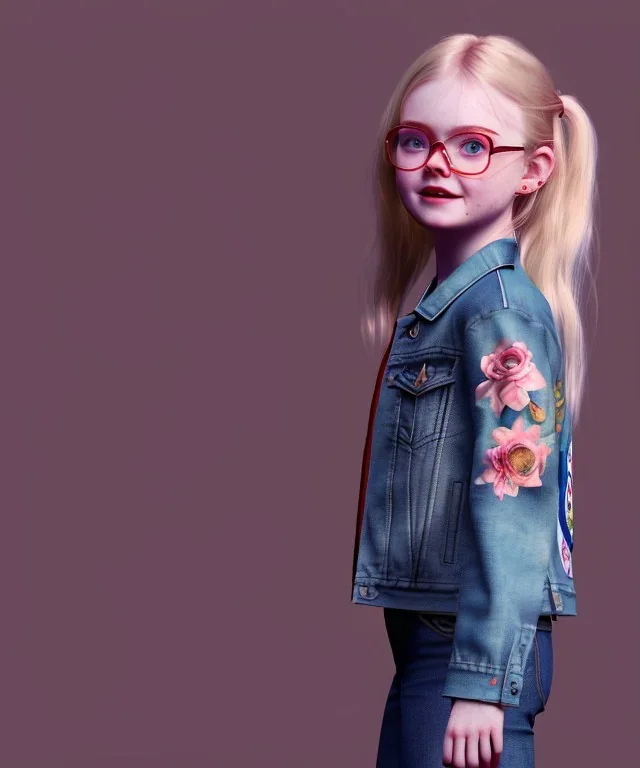 Elle fanning toddler, full body, city background, tatoo denim jacket, floral shirt, dramatic lighting