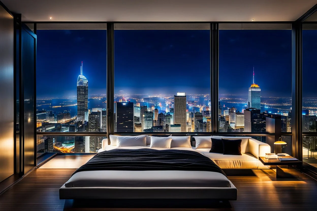 in luxury room in top floor of skyscrapper in moder city at night sky, ,city scape at backgrownd