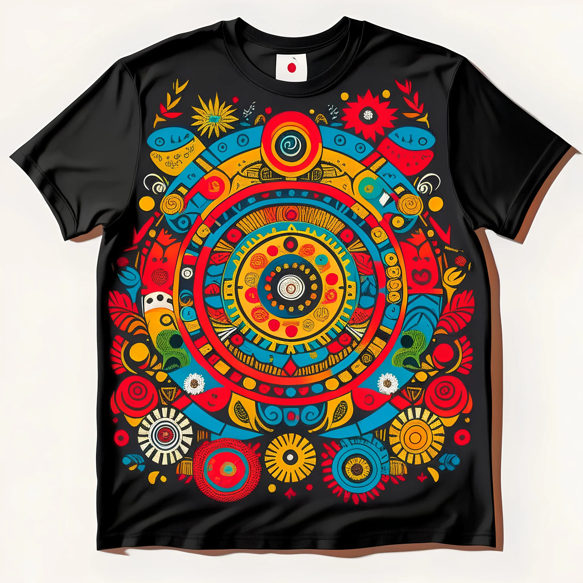 Celebrate diversity and cultural richness by designing a T-shirt that incorporates symbols, patterns, and motifs from various cultures around the world. Create a harmonious blend of diverse elements, representing unity and multiculturalism. Use a vibrant and inclusive color palette to emphasize the cultural kaleidoscope concept.