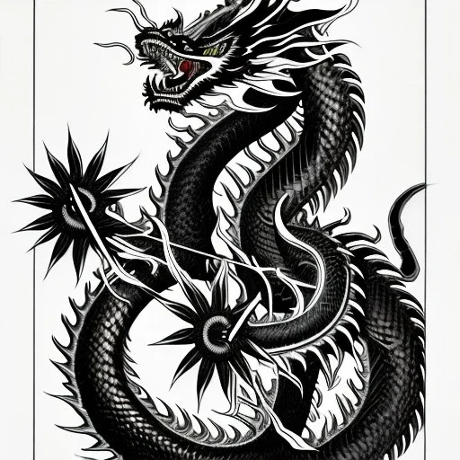 Ukiyo-e styled art, black and white dragon, full picture