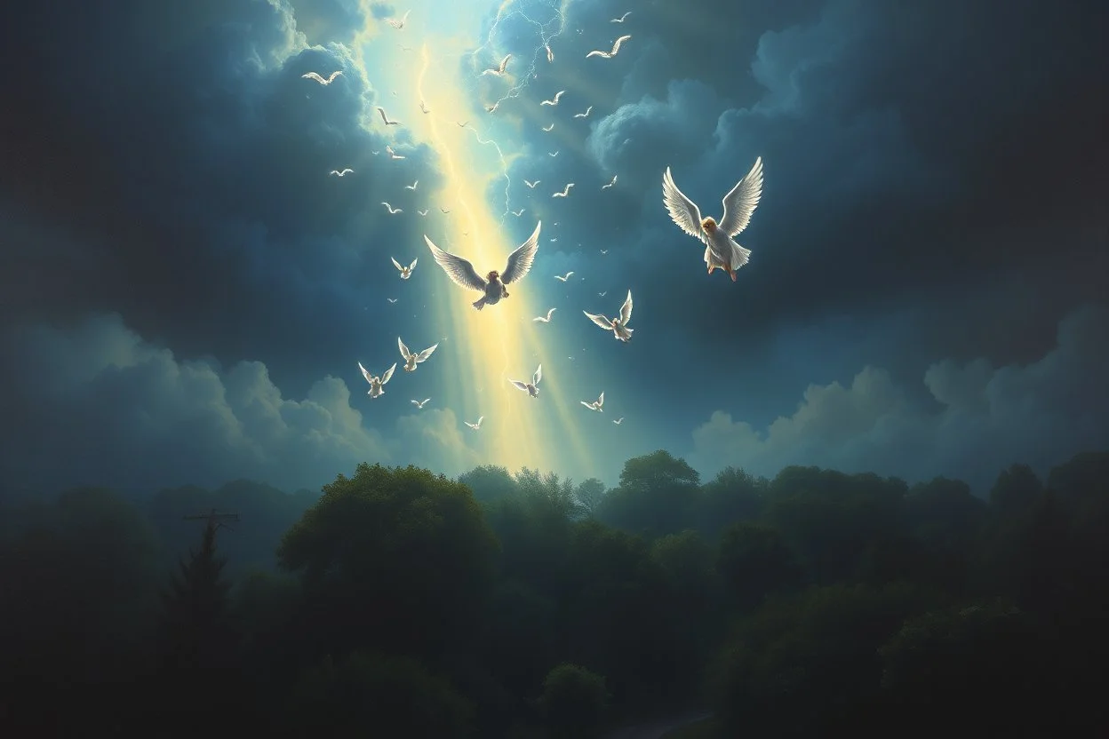 Beautiful masterful painting of a stream of light being angels flying over a quiet dark neighborhood