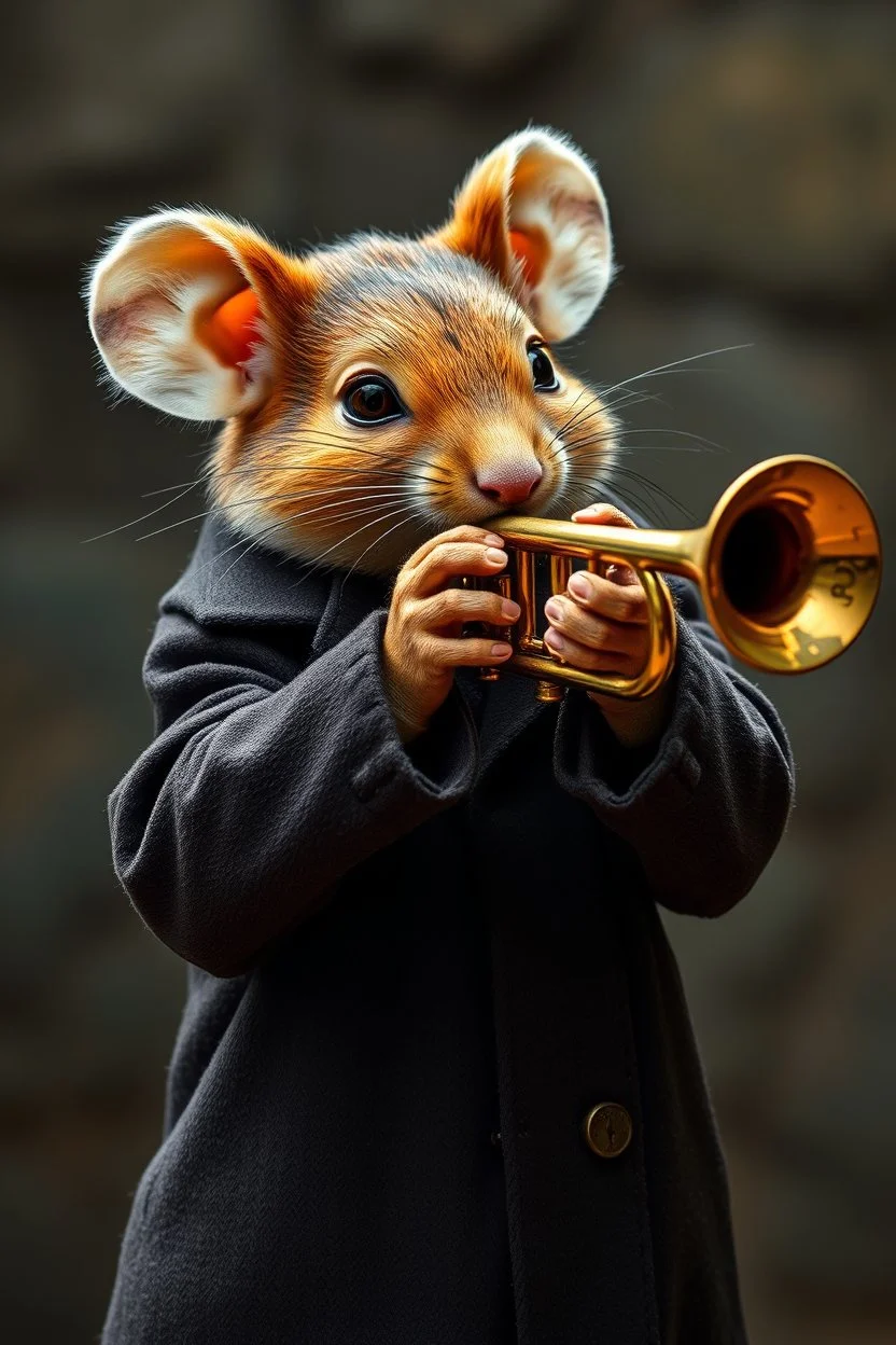 A mouse warring a black coat dressed brown coat, playing the trumpet