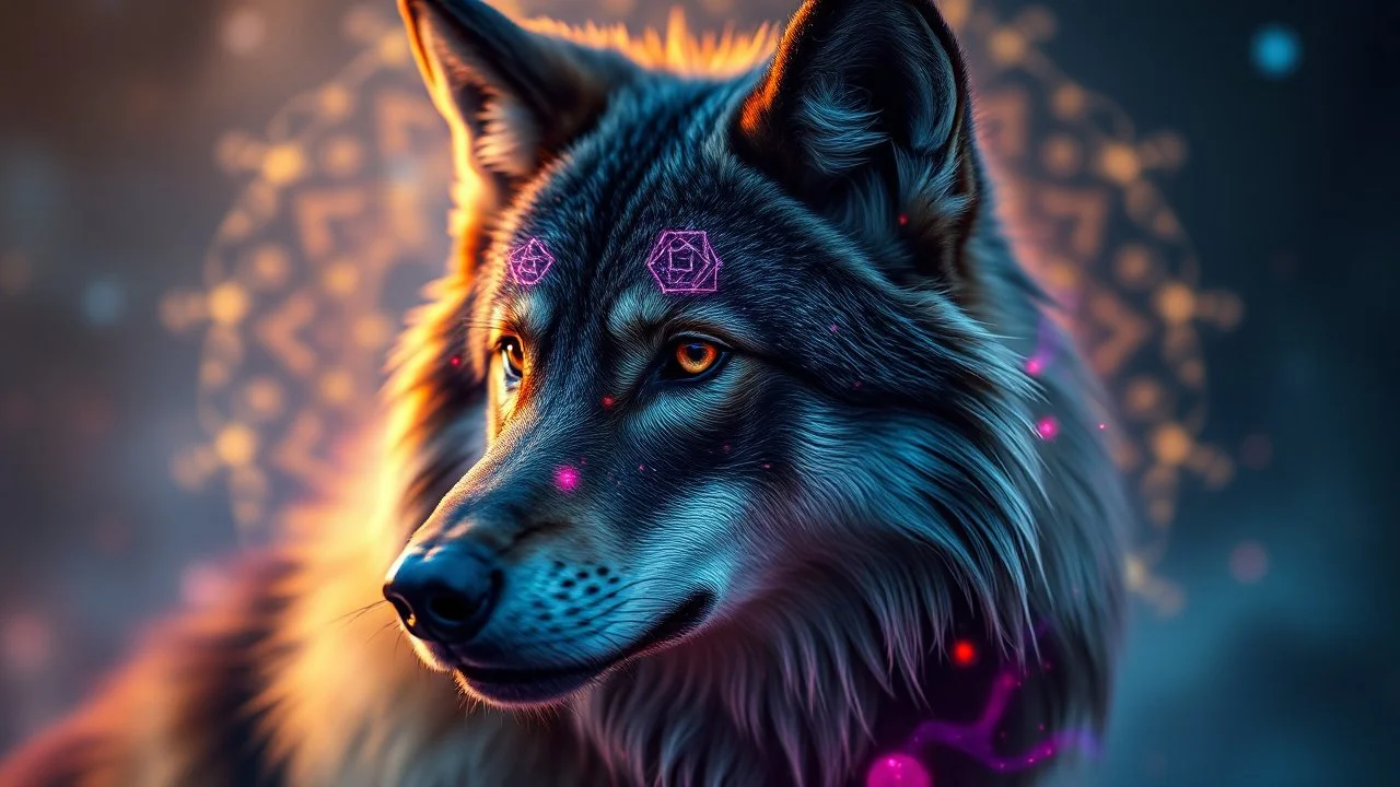 portrait of a mystic wolf, rbg, psychedelic, fractals, sacred geometry, medicine, sacred. Camera settings : Full-frame , 100mm lens, f/1.2 aperture, ISO 100, shutter speed 60 seconds. Cinematic lighting, Unreal Engine 5, Cinematic, Color Grading, real time Photography, Shot on 70mm lense, Depth of Field, DOF, Tilt Blur, Shutter Speed 1/2500, F/13, White Balance