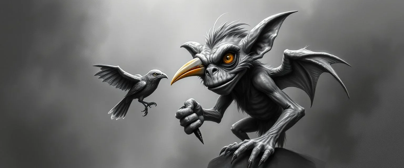 air brush 3d with pen outline, mongrel goblin gremlin holding big big bird, charcoal fog border