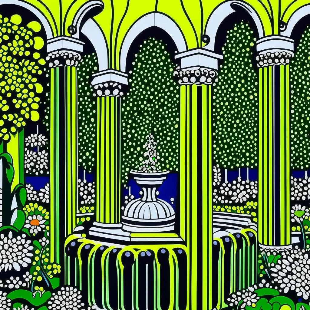 A lime green flower garden with a fountain designed in Navajo woven art painted by Roy Lichtenstein
