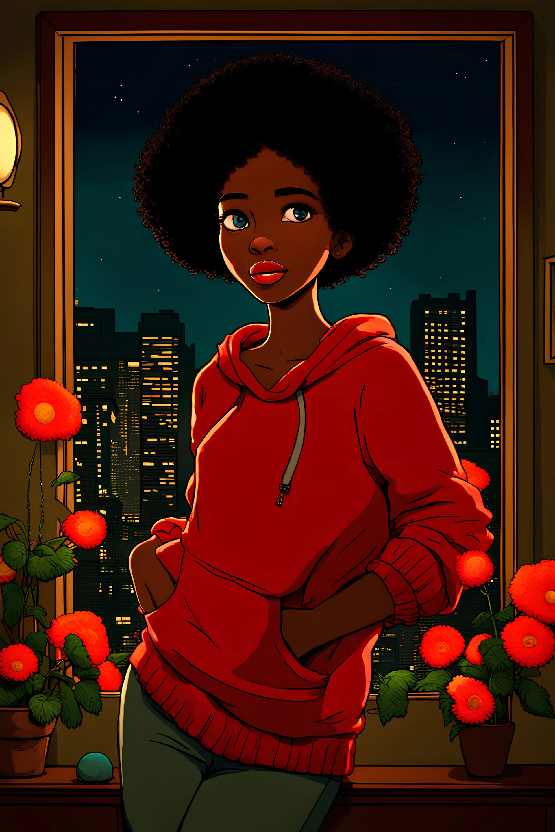 A beautiful young cartoon girl named Sally with black afro hair, blues eyes that are expressive and filled with curiosity, From her room staring at the city, in the night she wears a vibrant red sweater with flowers