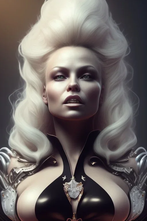 Pamela Anderson as evil queen in black leather, leather, busty, cleavage, angry, stern look. character design by cory loftis, fenghua zhong, ryohei hase, ismail inceoglu and ruan jia. unreal engine 5, artistic lighting, highly detailed, photorealistic, fantasy