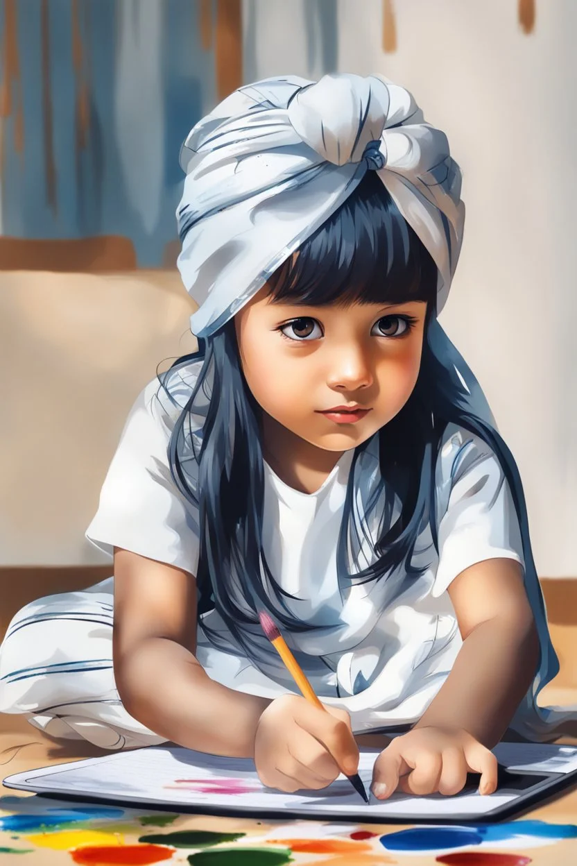 a little girl sitting on the floor holding a tablet, wearing a head scarf, white bangs, document photo, photo still of, paint, wet drapery, unmasked, diary on her hand, 5 years old, focus close on mischievous eyes, hand - drawn animation, with long black hair, portrait of dangerous