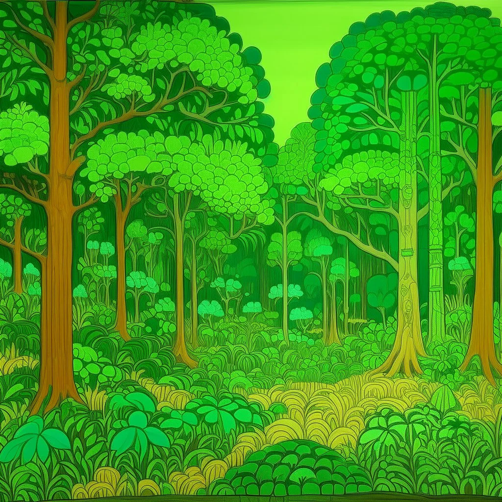 A green and neon green forest with acorns and bees designed in Bayeux tapestry painted by Frank Lloyd Wright
