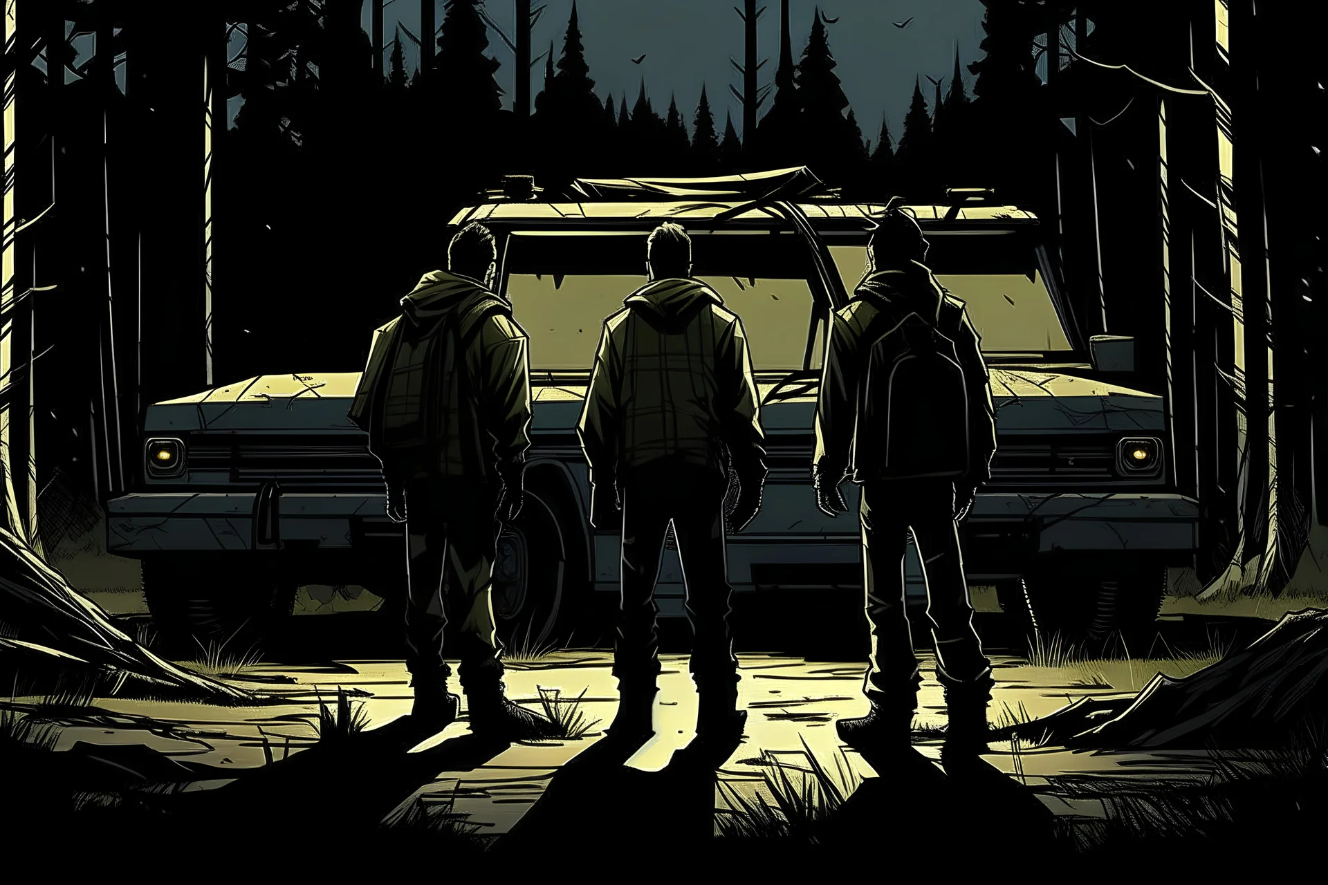 four persons, standing, silhouette, comic book,post-apocalypse, backpack, pickup truck, forest, night time, illustration