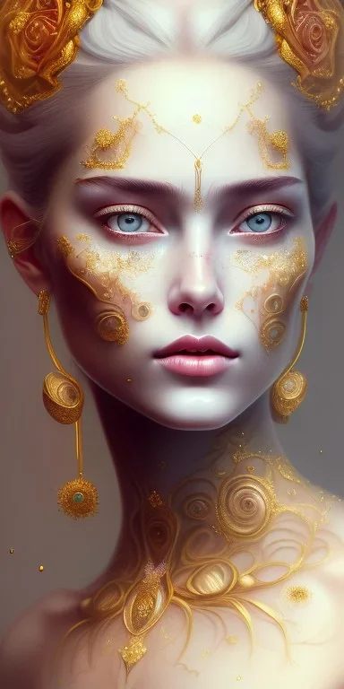 ultradetailed beautiful portrait painting of love Aphordite with short flowing brown hair and sharp piercing gaze of deep grey eyes, alluring beauty, smile lip, wearing jewels, roses, ultra ornate, gold leaf deatils, wearing white dress, by conrad roset, greg rutkowski and artgerm, trending on artstation