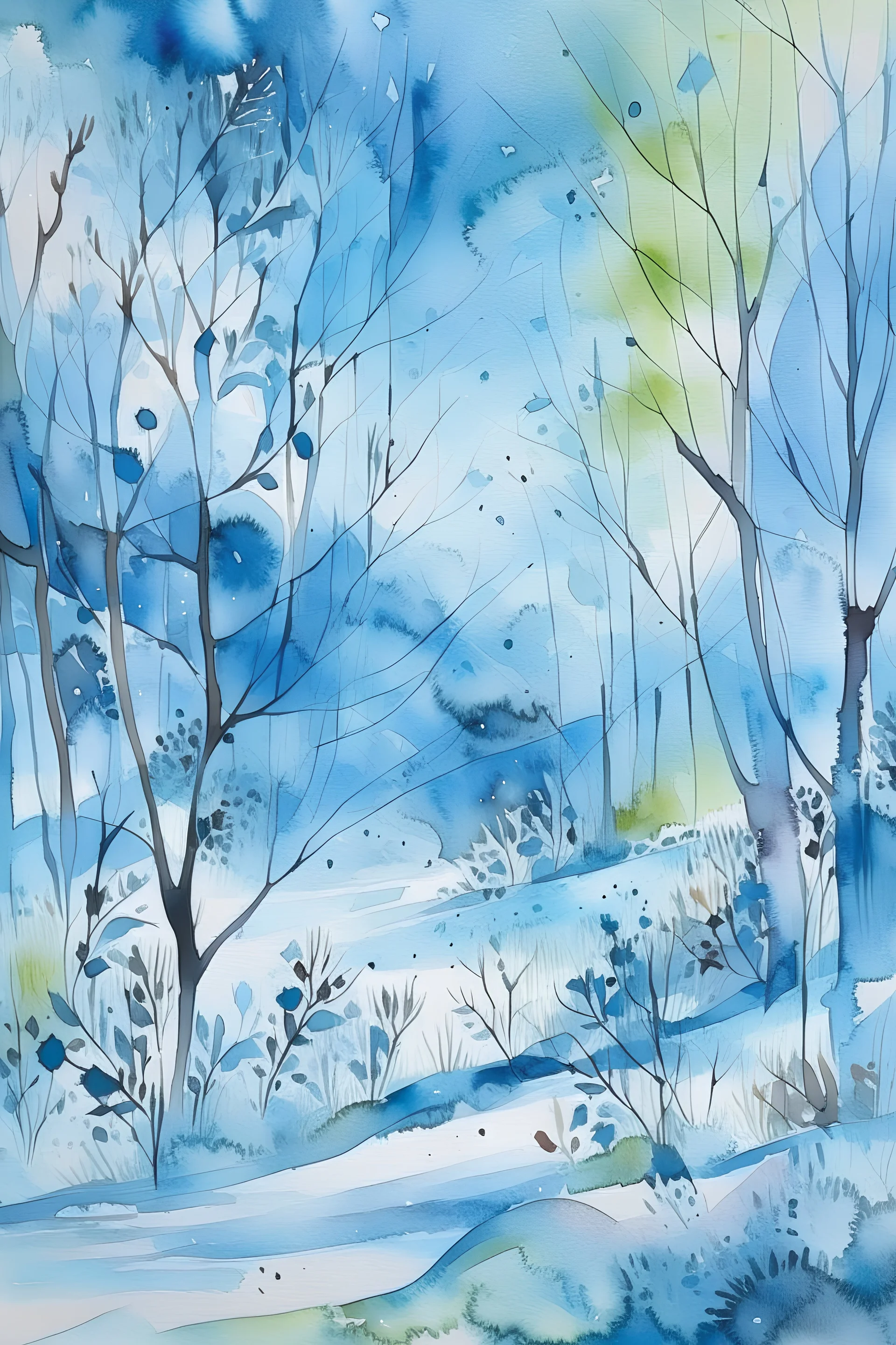 Watercolor, abstract, impressionist, not much detail patterns: Immerse yourself in the magic of a winter wonderland, with soft blues and whites creating an abstract and serene landscape reminiscent of a snowy day.