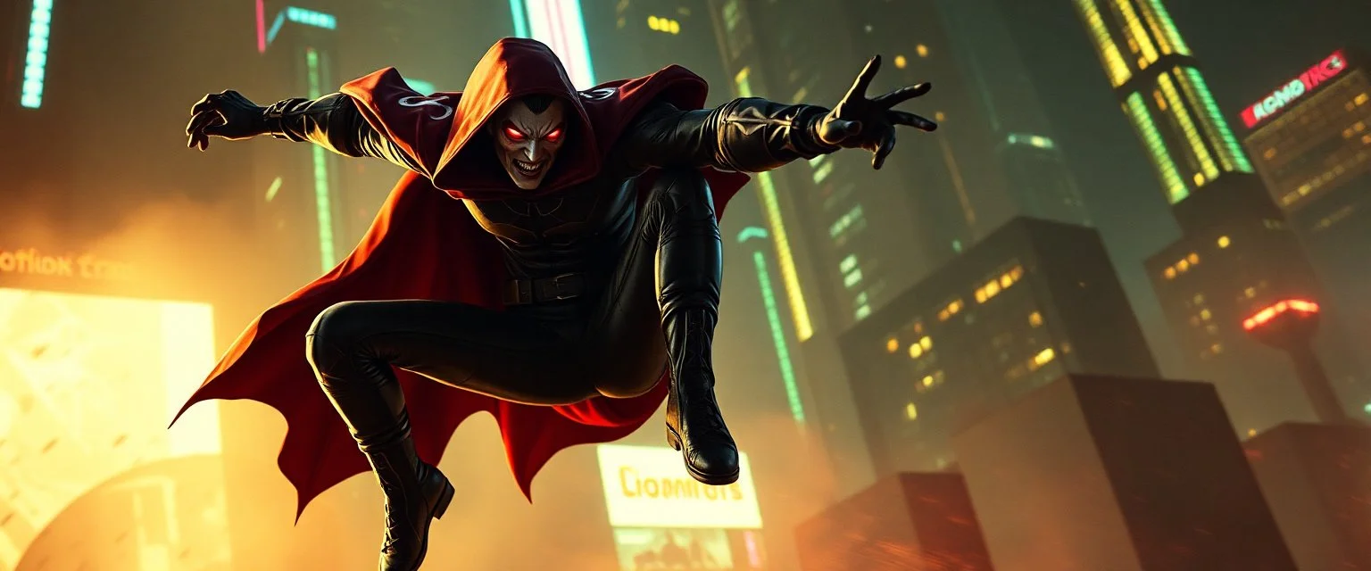 vampire cyberpunk action scene, acrobatic dodge, cape harlekin