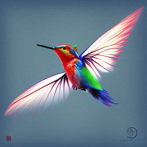 white, red and blue 3d cute colibri bird flying