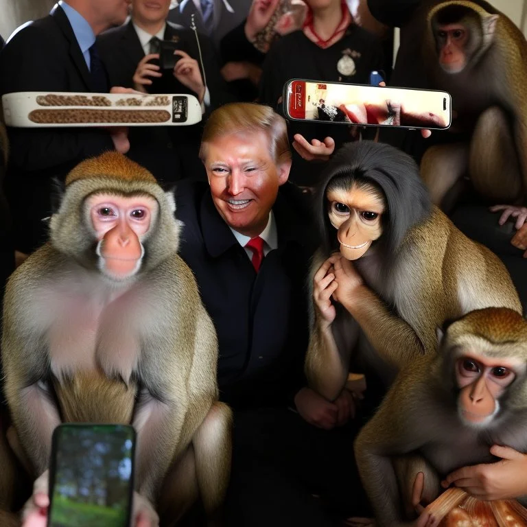 DARK HAIR PRESIDENT TRUMP TAKING A PHOTO WITH MONKEYS, MUSHROOMS IN THE BACK