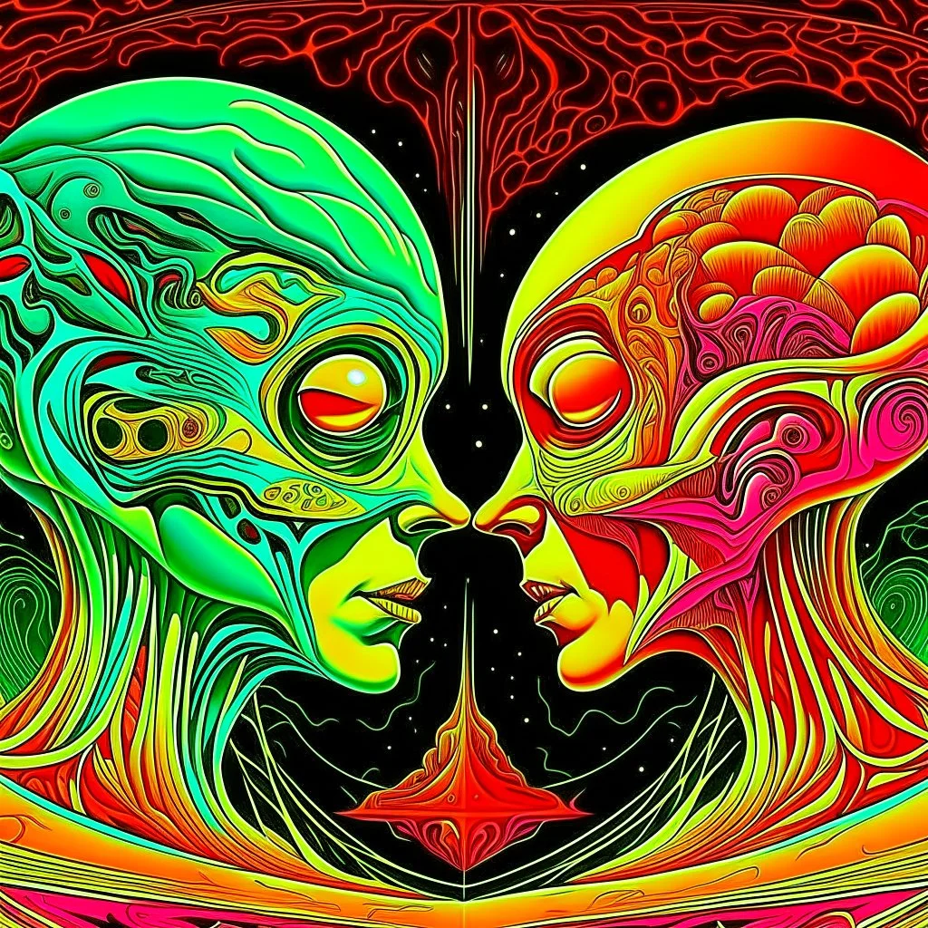 Love is the law, love under will, by Gerald Scarfe, by Aleister Crowley, fantastical detailed 3D artwork, LSD dreamscape, deep color, complementary colors, trending on DeviantArt.