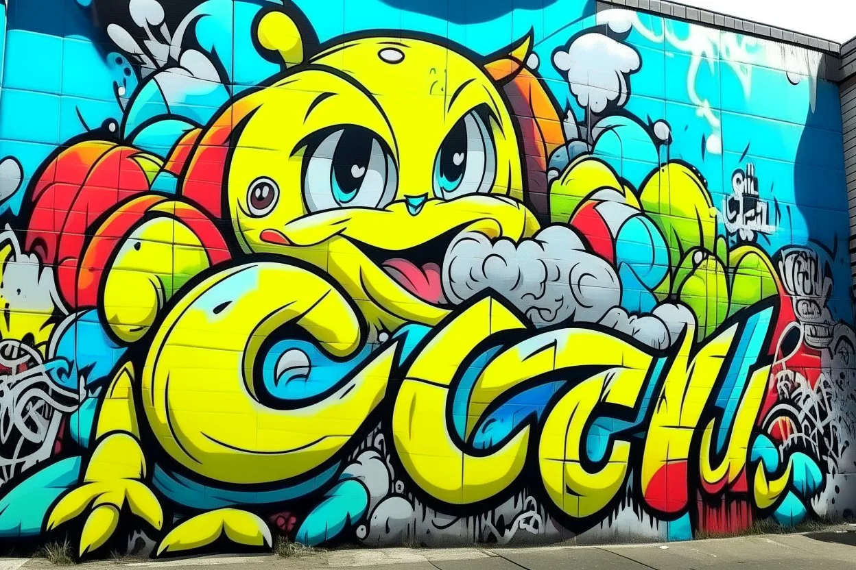 a graffiti mural wall with the word cell pokemon style