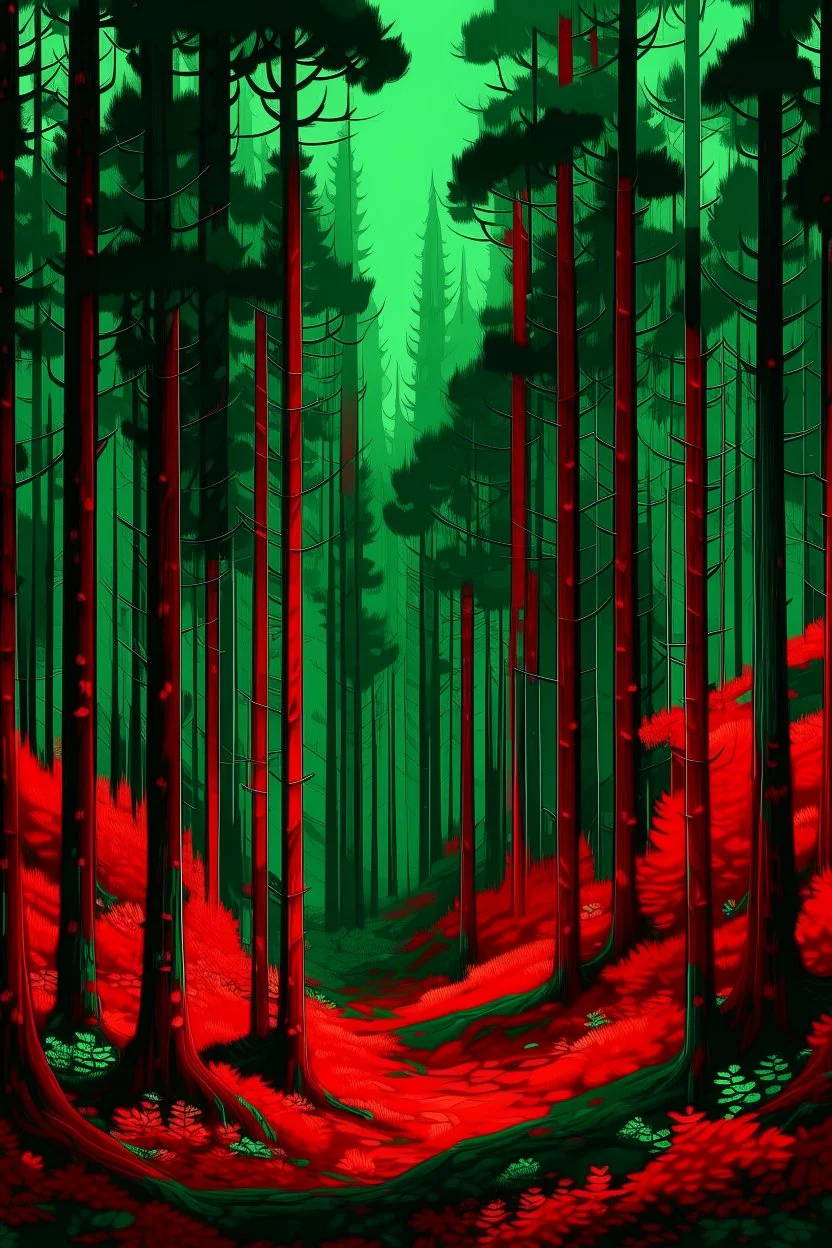 forest in red trees and dark green colors only