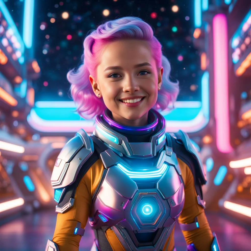 (masterpiece, best quality, 8k, RAW photo, beautiful and aesthetic:1.2), complex detail, Indirect light, photorealistic, full body, Cosmic Baby corp style smiling, colorfull Sci-Fi environment