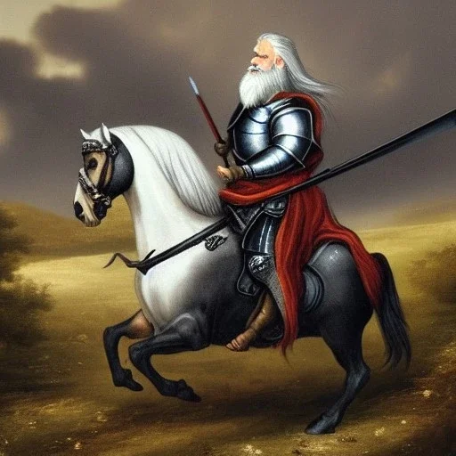 great old knight with flowing white hair and beard riding black horse toward castle