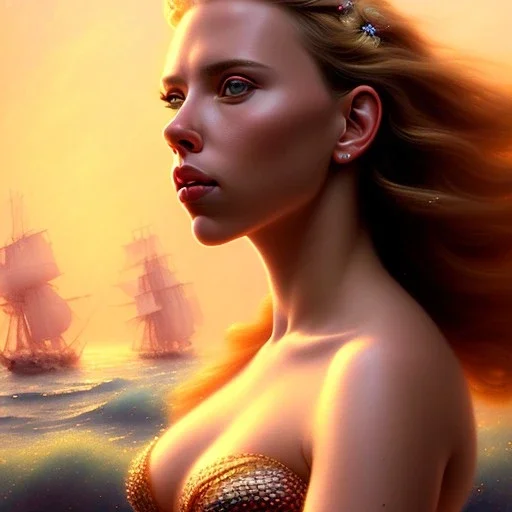 A beautiful portrait of Scarlett Johansson as a mermaid , leaning on a ships deck ,Rough sea in the background, (digitall art by Eugene de Blaas and Ross Tran, vibrant color scheme, highly detailed, in the style of romanticism, cinematic, artstation best quality, realistic lighting, masterpiece portrait, details light dusting , cowboy shot from above, simple chain hauberk Vector art digital illustration 3D shading )