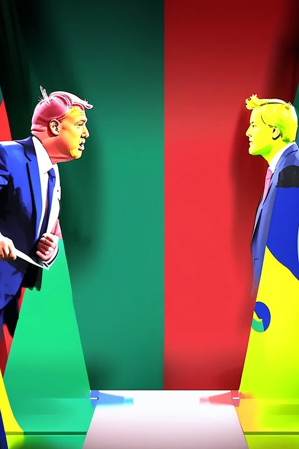 painting of an debate in a nation between the Red Party, Blue Party, yellow Party, Green Party and Pink Party