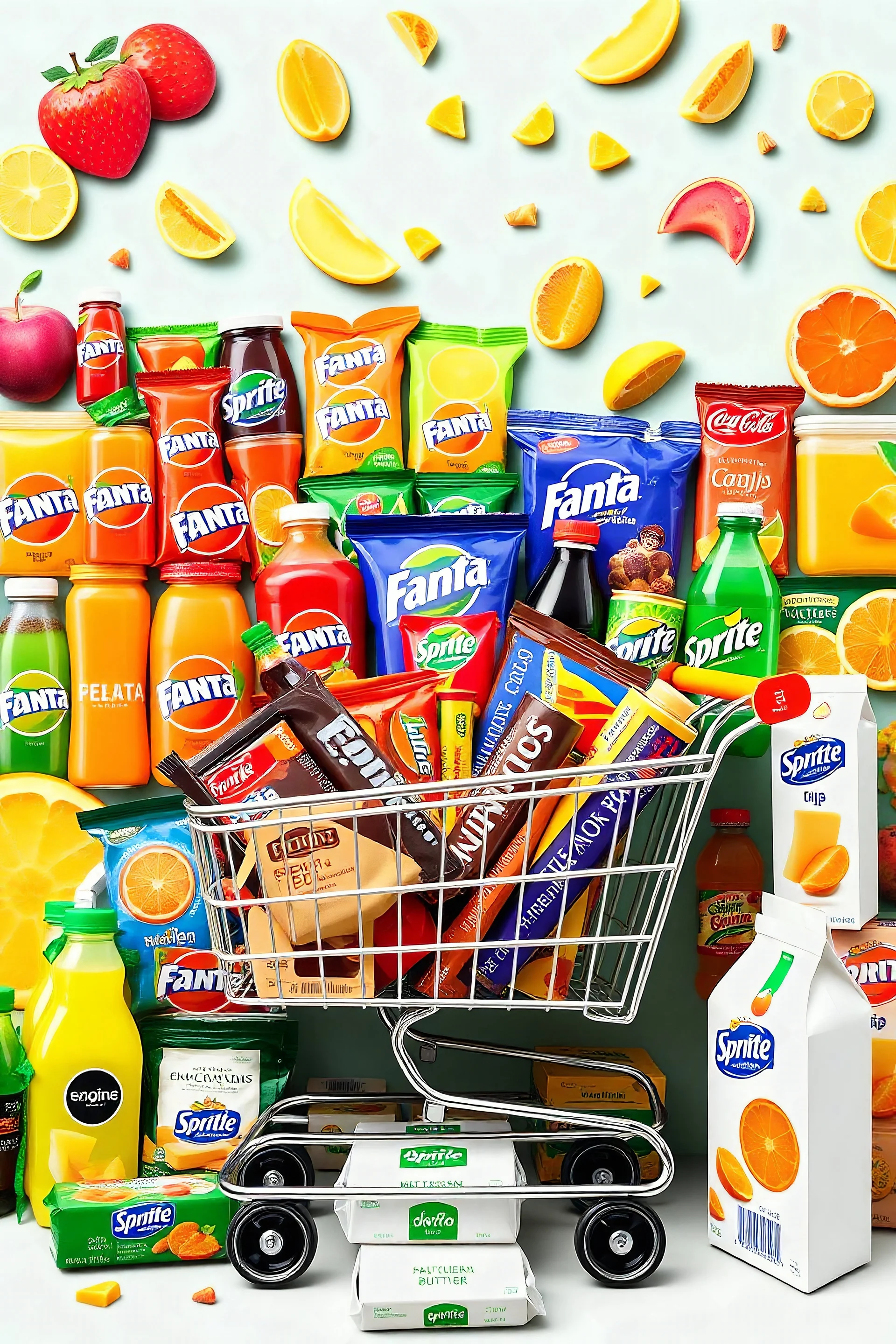 A design filled with various fruit juices, various chips, various types of Fanta, Coca-Cola, Sprite, various famous chocolates, a full shopping cart, packaged cheeses, butter, and pasteurized milk, in cheerful, vibrant, and eye-catching colors.