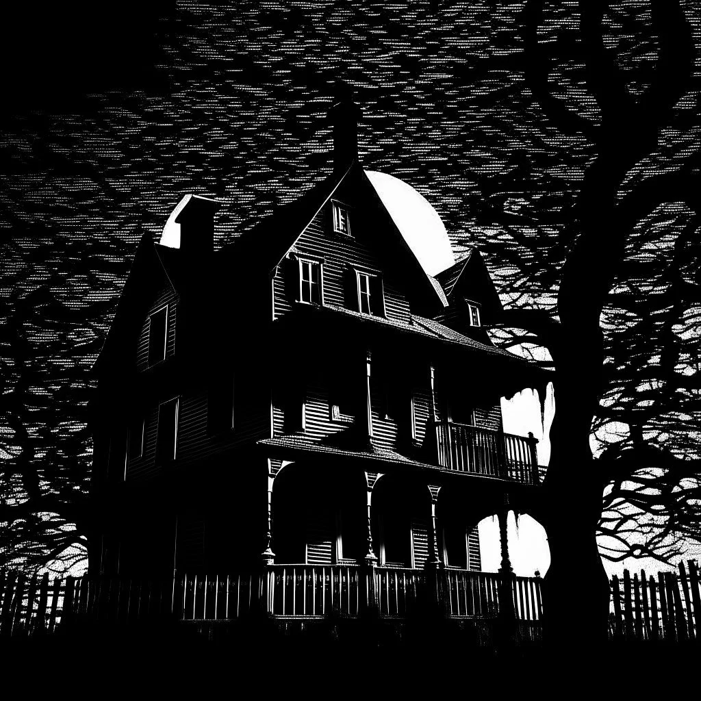 modern day haunted house as seen through the eyes of ghost hunters, creepy, scary, silhouette art, tenebrism