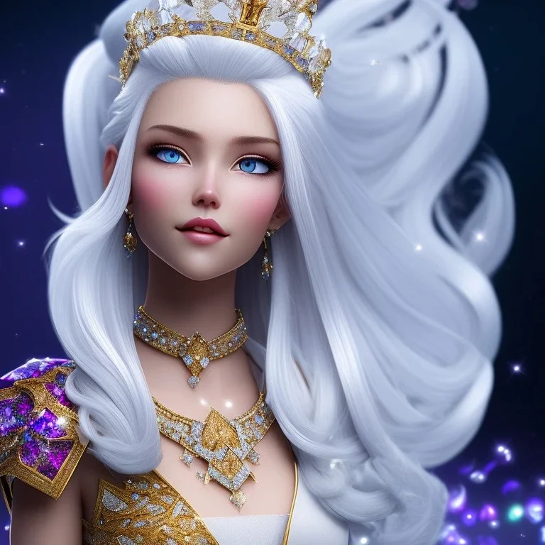 Ice Princess with white hair smilling, a crown with precious stones, bright background