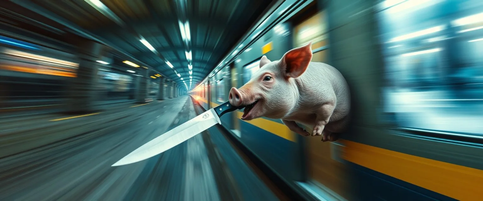 faster than a greased pig in a knife fight in a phone both on a runaway train on ai steroids. motion blurred background, speed and energy, goa trance poster