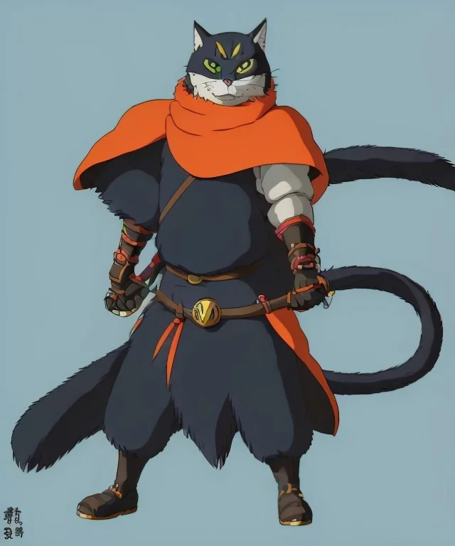 cat 2d, knight, ninja, black fur,full body, orange torn coat,game character, strong, anime, chibi , like zelda