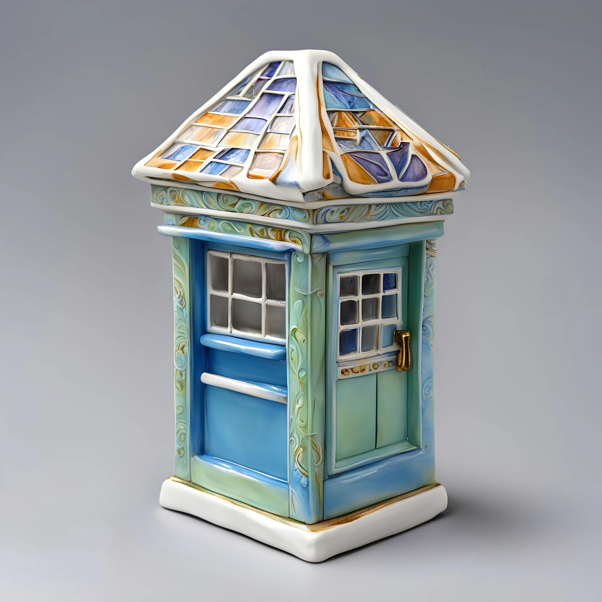 intricate porcelain miniature figurine of the square vacant street kiosk, circa 2000, painted and glazed ceramics, crocoitte and cherenkov radiation color palettes, 7 cm height, facade small square window for cash, flat roof, one-story, one-room, silver mean composition, hyper detailed, hyper realistic, sophisticated, contemporary urban art gallery, product-focused, sharp focus, inspired by Mark Rothko, Marc Chagall, Bruno Munari, Benetton, gestalt theory and metamodernism