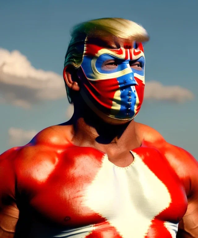 Realistic image of Donald trump wrestler, Mexican wrestling style, Mexican wrestling mask, clear nose and visible chin, red and blue breeches, glow us flag dress, suspenders, retro style, 80s, vibrant color, highly detailed, sky background, concept art, unreal engine 5, god rays, ray tracing, RTX, lumen lighting, ultra detail, volumetric lighting, 3d, finely drawn, high definition, high resolution.