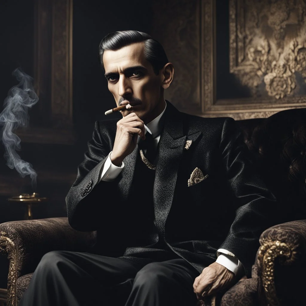 Hyper Realistic Quaid E Azam Sitting on a Velvet Sofa Wearing Black Sherwani Smoking Cigar in a Dark Room