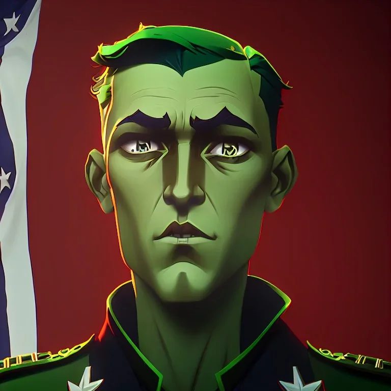 War propaganda of a patriotic soldier wearing green w red lights full torso w a biplane overhead