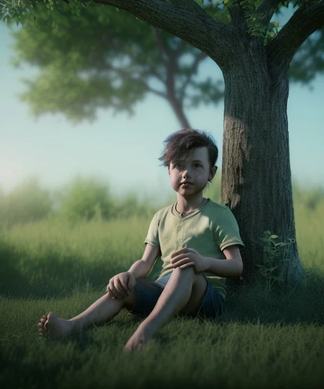 realistic image, boy sitting under a tree